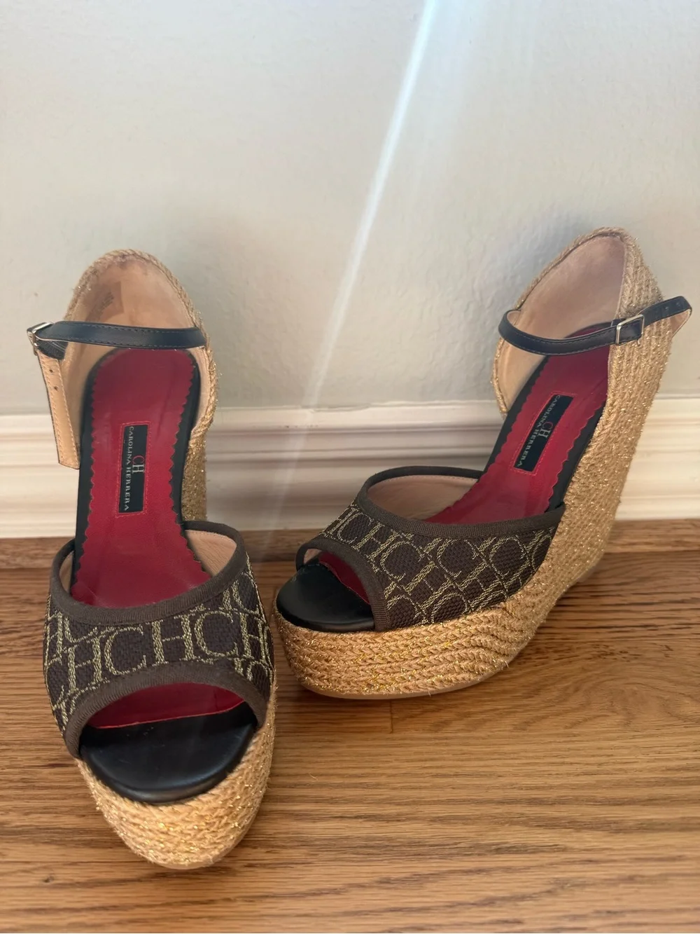 Carolina Herrera Brown Woven Espadrille Wedge Sandals with Red Insole